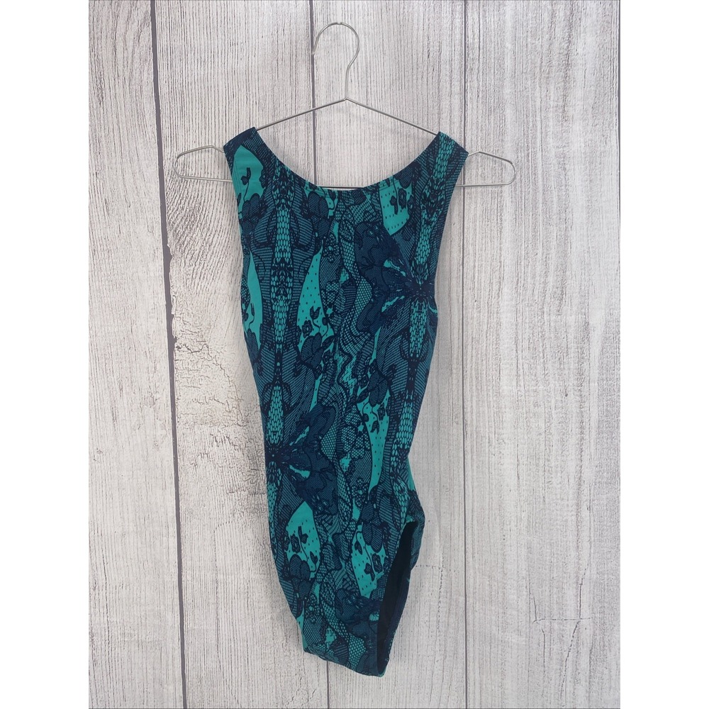 Dolfin Swimsuit Womens 34 Black Teal Lacey Aquashape Moderate Lap Suit One-Piece
